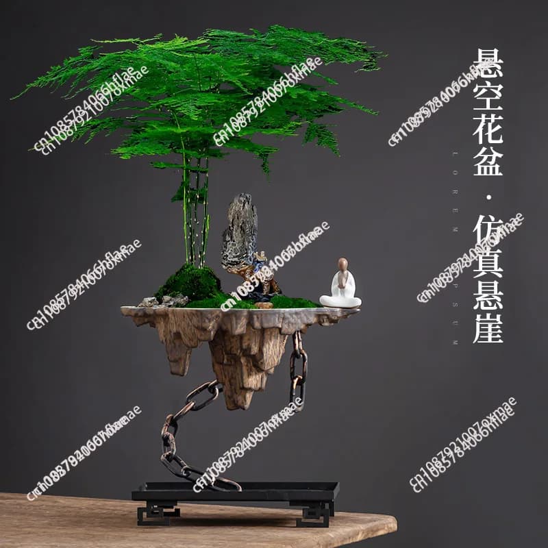 Creative Wenzhu Landscape Large Diameter Chinese Ceramic Vase Suspension Simulation Sculpture Green Plant Vase for Home Use