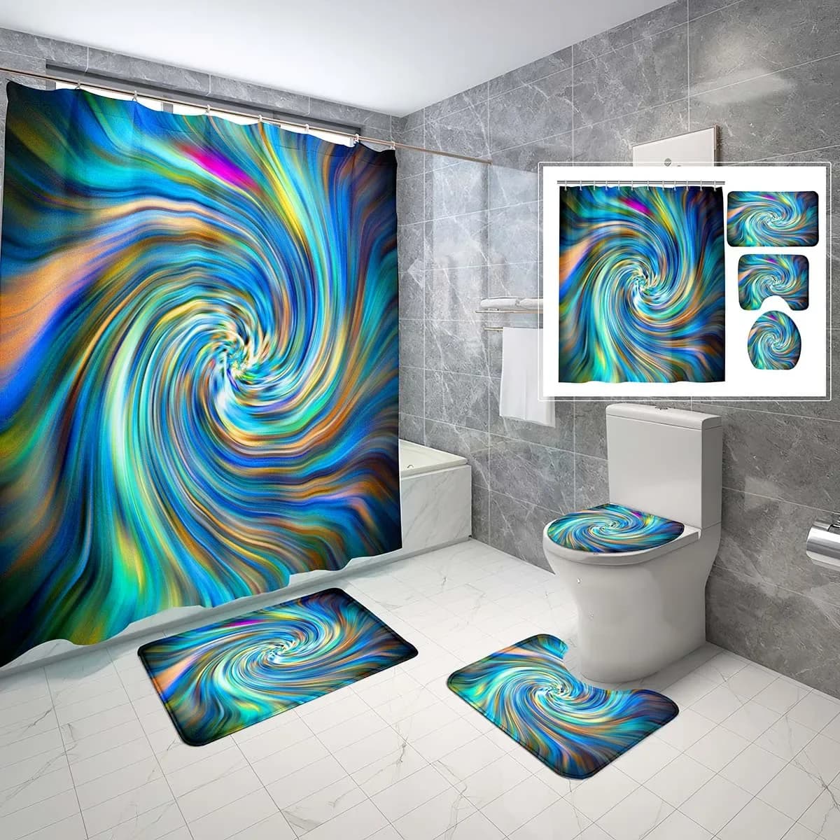 Set di tende da doccia a spirale liquida da 4 pezzi Set di coperture per WC con tenda da doccia impermeabile con vortice astratto colorato
