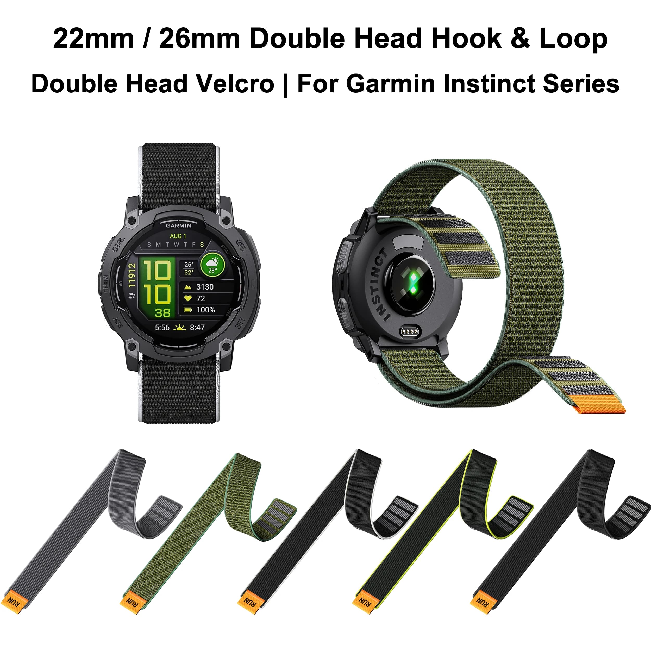 Universal 22/26mm Nylon Velcro Watch Strap Double Head Sport Band Fit Garmin Instinct All Series Watch Replacement Wrist Strap