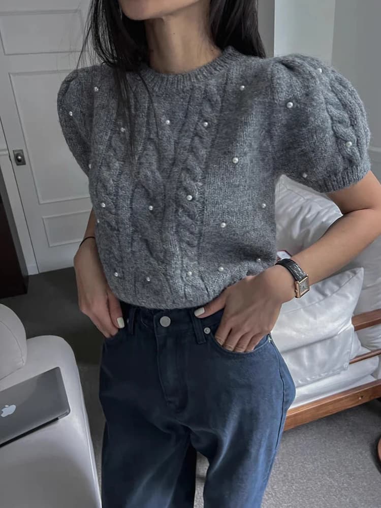 Design Sensuale Maglione Coreano da Donna a Maniche Corte con Scollo Rotondo e Filato Intrecciato, Casual e alla Moda per Primavera, Autunno e Inverno