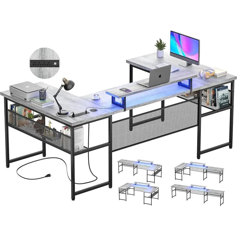 Play desk for two people in white oak 130 with power socket, LED lighting and monitor support