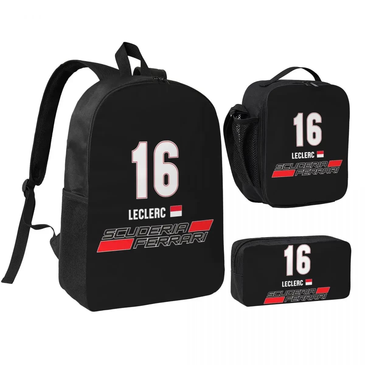 Charles Leclerc 16 Zaino per auto da corsa per ragazzi e ragazze, borsa per libri, borsa per la scuola, borse a tracolla, 3 pezzi, borsa termica per il pranzo, astuccio per matite