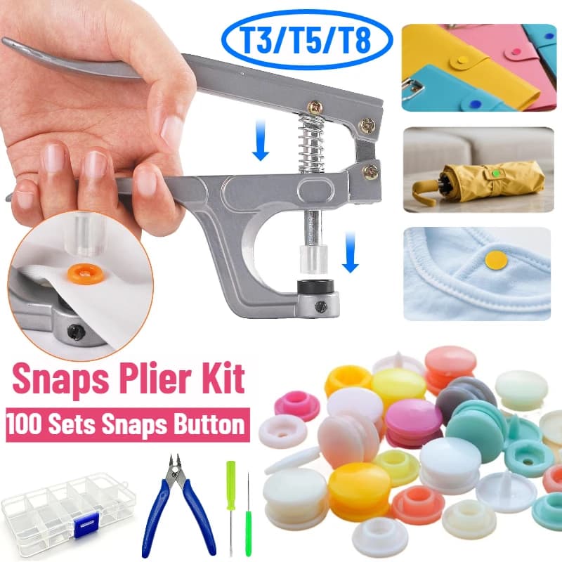 Kit di Bottoni a Pressione con Pinze, 10 Colori, 100 Set di Bottoni in Plastica per Tessuti T3/T5/T8, per Cucito, Abbigliamento e Fai-da-Te