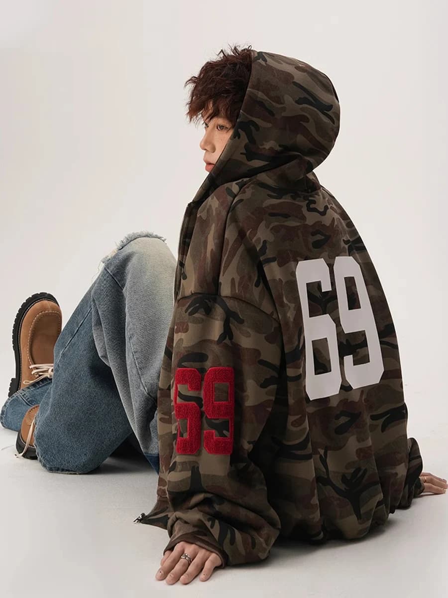 Felpa con Cappuccio Americana Mimetica con Zip, Unisex, Oversize, Trendy, con Ricamo Numero 69, Marca di Tendenza