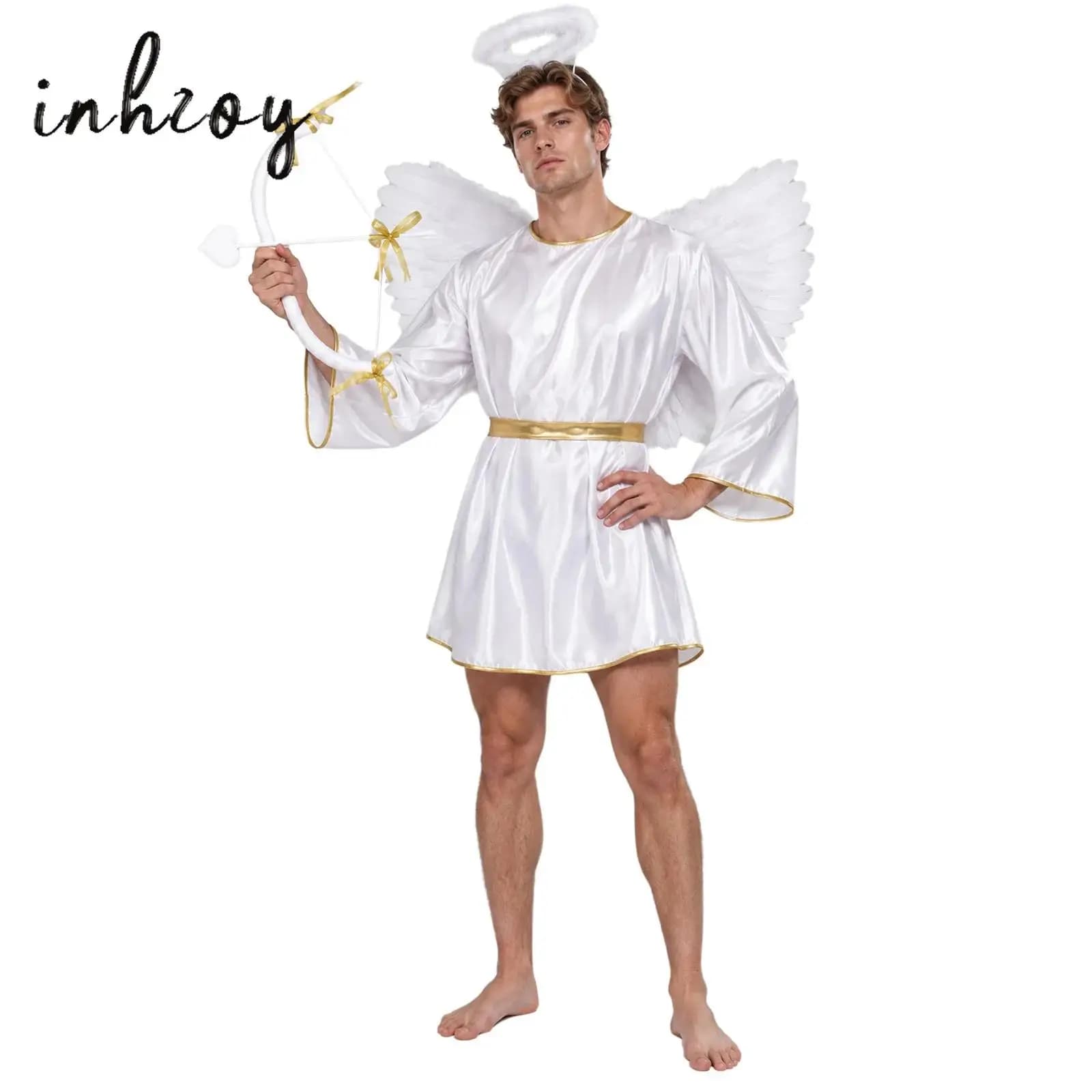 Mens Angel Cosplay Costume Gold Trim Round Neck Batwing Sleeve Robe+Feather Wing+Headwear+Bow and Arrow Set for Halloween Party