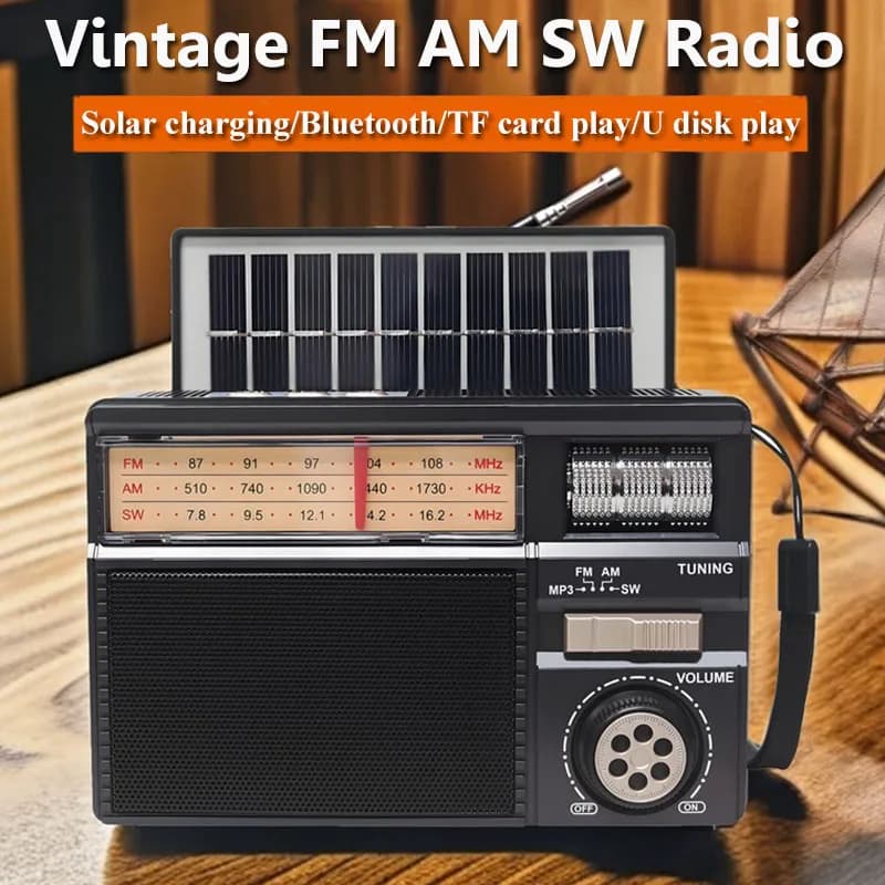 Radio portatile di emergenza a banda intera ad energia solare Radio FM AM SW vintage Ricevier Altoparlante Bluetooth wireless con porta USB TF