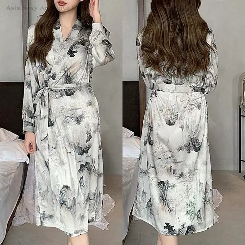 Women's Printed Long Showcase, Night Shirt in Silk Satin, Kimono, Bathrobe, Homewear, Casual and Comfortable Lingerie