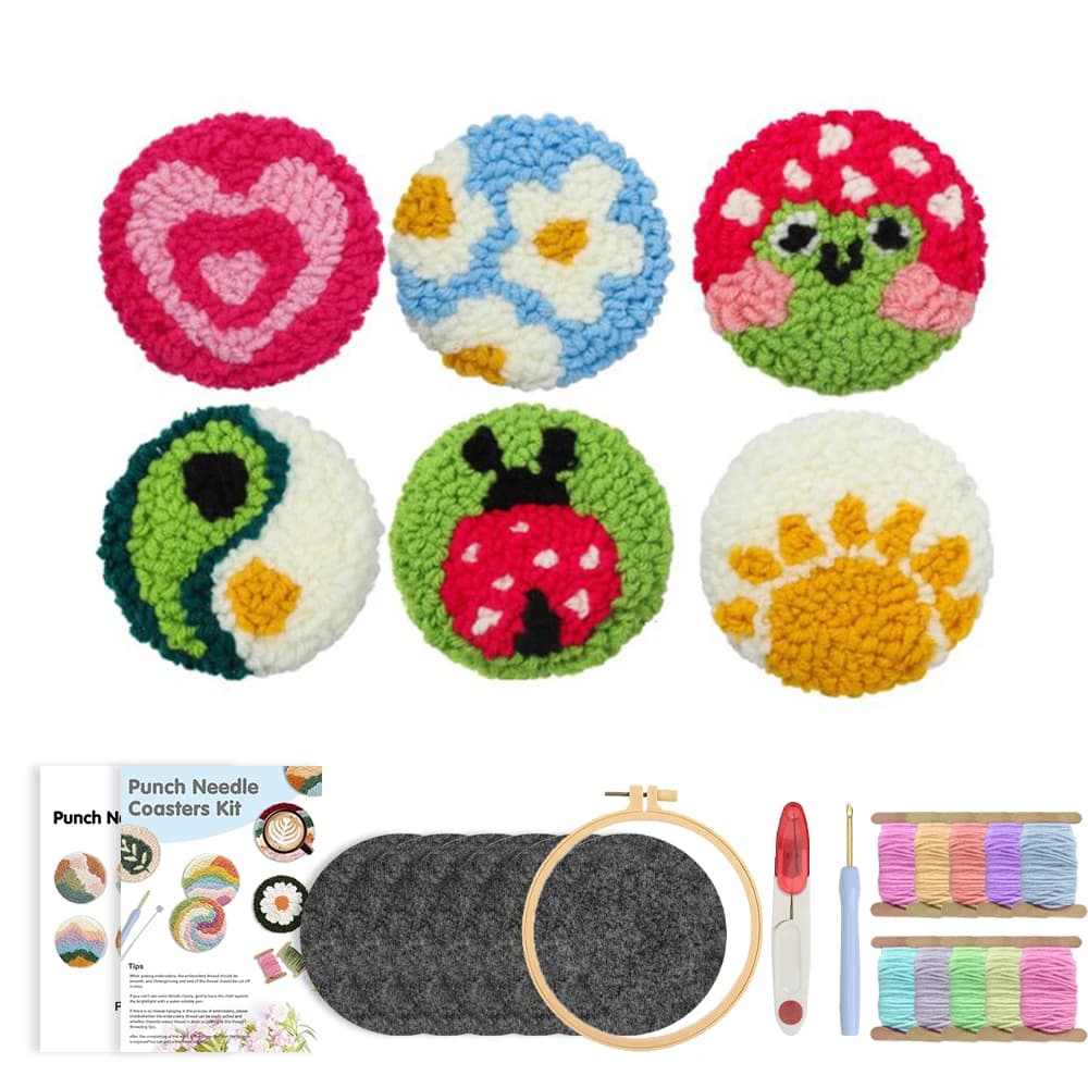 RUOPOTY 6pcs Punch Needle Coaster White Flower Diy Needle Punch Kit Art Supplies Crafts Diy Kits Flower Monks Cloth For Punch