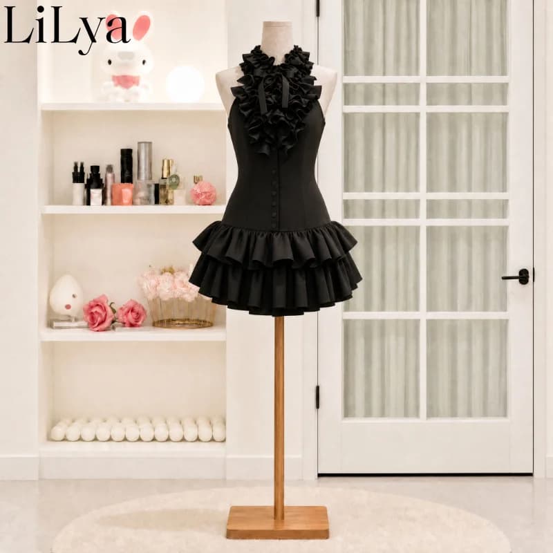 Gothic Vintage Lolita Dress Women Petite Halter Neck Ruffle Bowknot Tiered Skirt Slim Fit Mini Dress Elegant Tea Party Outfit
