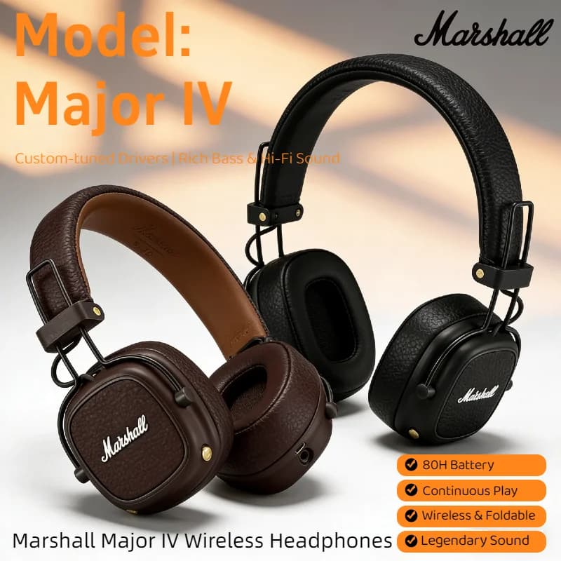 Cuffie Bluetooth Wireless Marshall Major IV, Pieghevoli, On-Ear, Bassi Profondi, per Sport e Gaming, con Microfono, 80+ Ore di Autonomia
