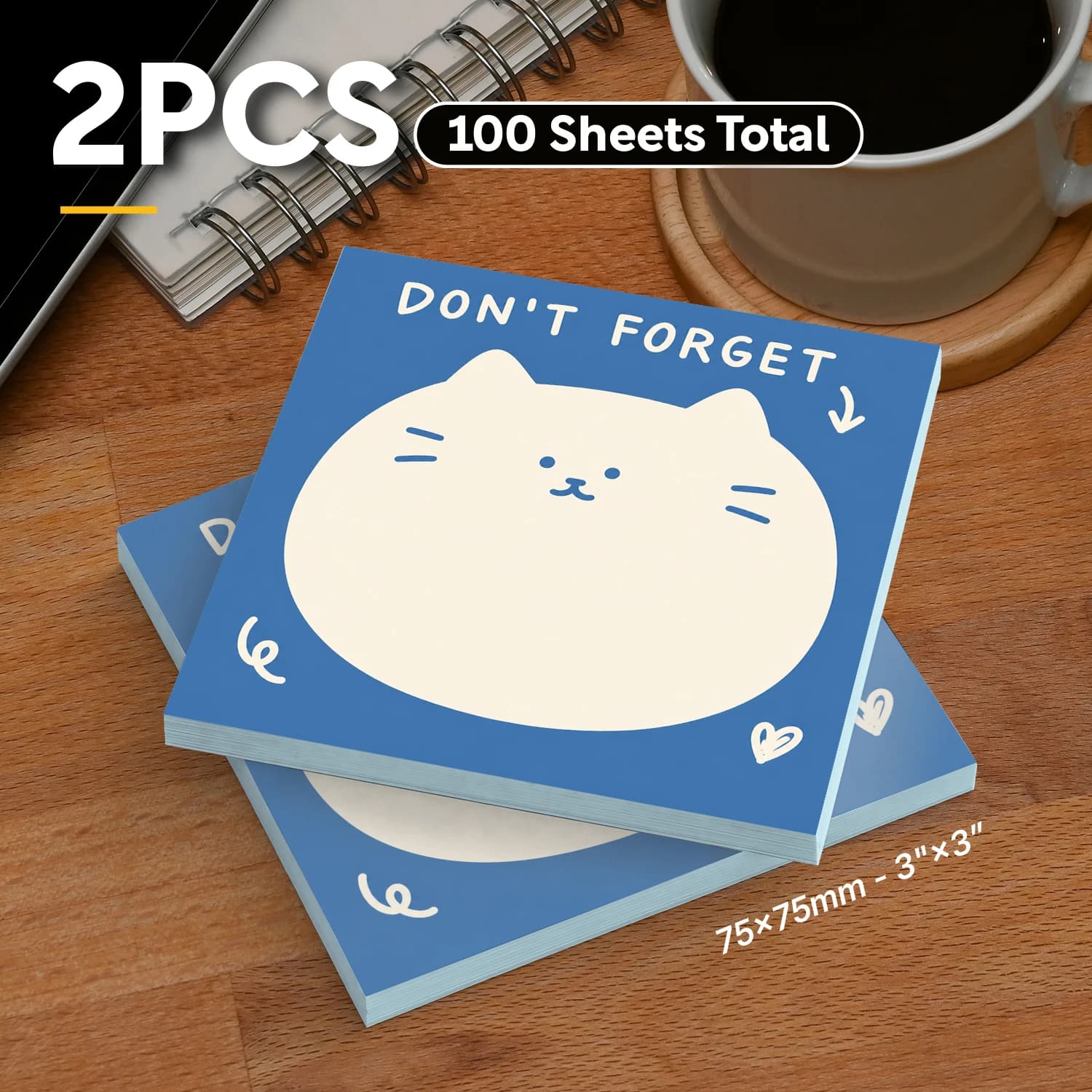 2pcs Cute Cat Sticky Notes, “Don’t Forget” Reminder Self Stick Memo Pads, 100 Sheets Total, Kawaii Minimal Planner Notepad, Remo