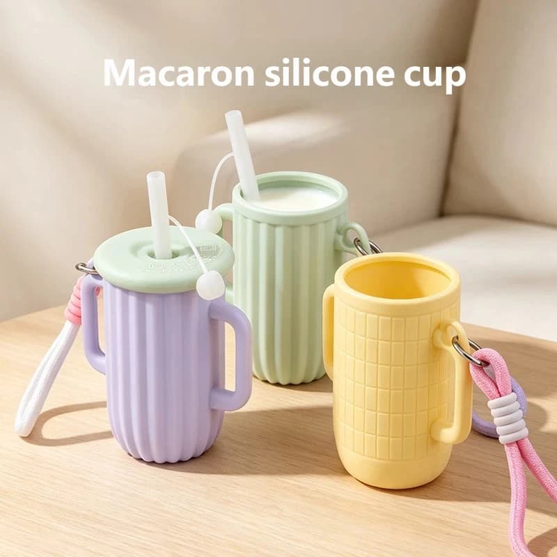 Portable Macaron Silicone Cup With Straw Handle Strap Leakproof Kids Water Bottle Travel Outdoor Drink Mug