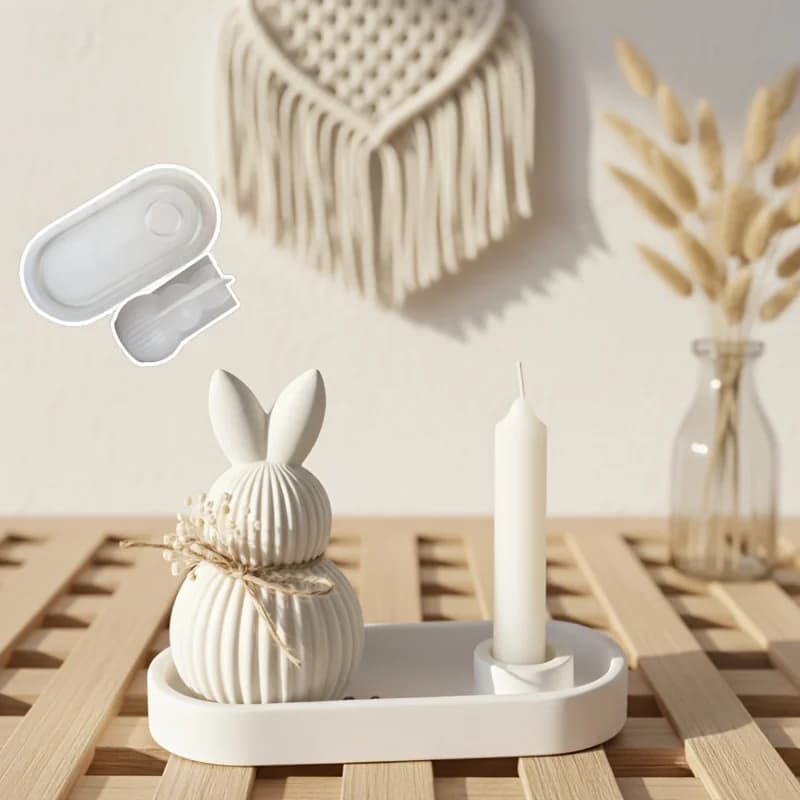 Set di 2 Stampi in Silicone per Gesso, Portacandele e Vassoio & Stampi per Argilla a Forma di Coniglio con Sfera Striata, Stampo Ovale per Candele Fai-da-Te, Stampo in Resina Epossidica