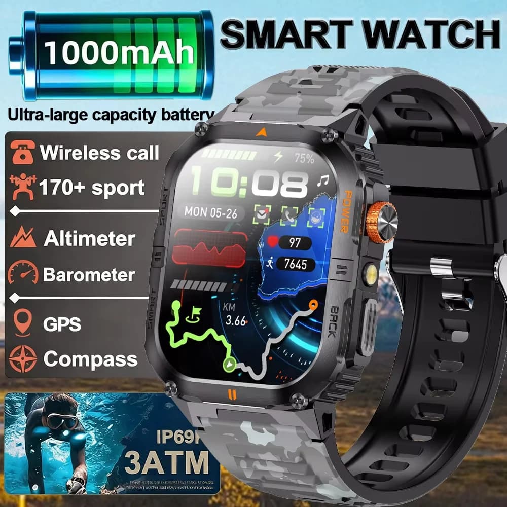 New 2026 outdoors GPS Smart Watch Men 2.01" Screen 3ATM Waterproof Watch Bluetooth Call Smart Watch GPS Motion Trajectory gift