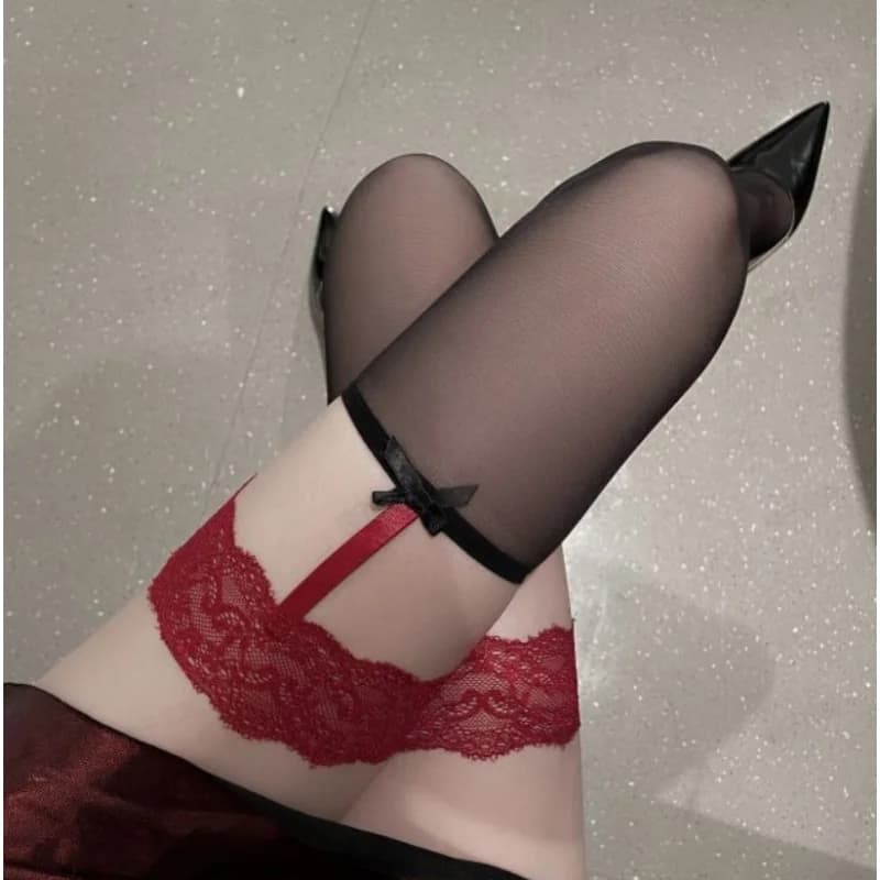 Calze lunghe nere con bordo rosso effetto imitazione pelle, decorazione fiocco in pizzo, calze eleganti per tutti i giorni da donna