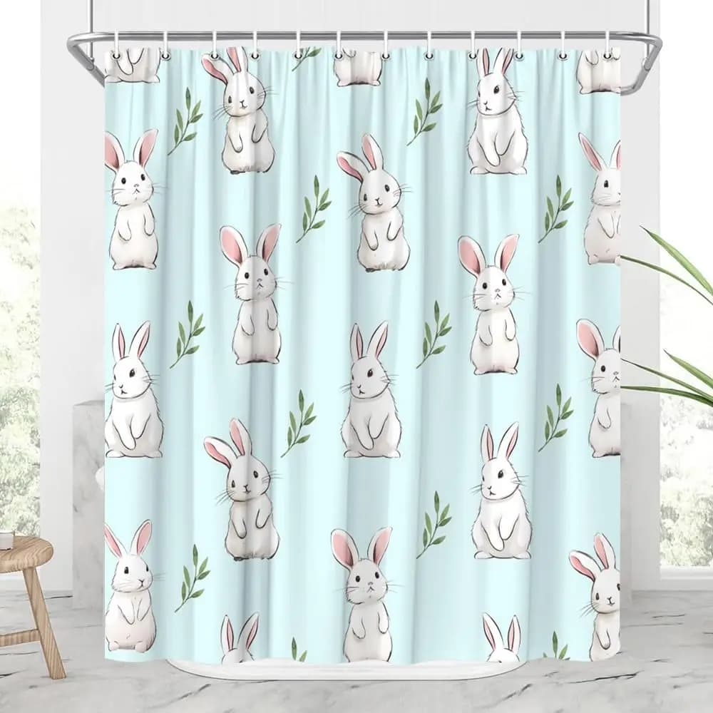 Tenda da doccia con coniglio per bagno Coniglietto pasquale Animali da fattoria Piante rustiche Foglie verdi Simpatico cartone animato Fauna selvatica Decorazioni per il bagno