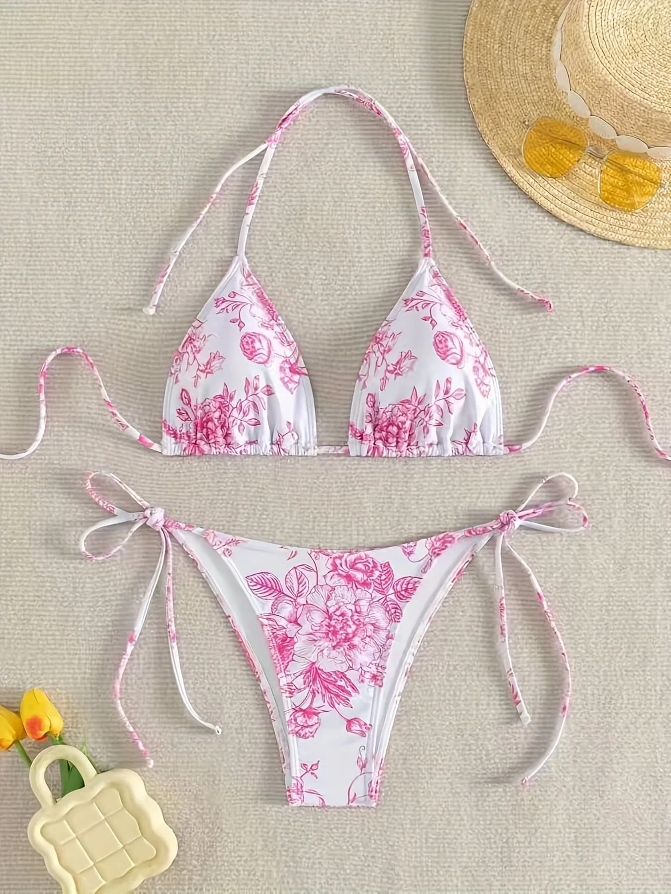 Set bikini da donna con stampa floreale rosa, 2 pezzi/set, con laccetti laterali e triangolo, costume da bagno estivo da spiaggia