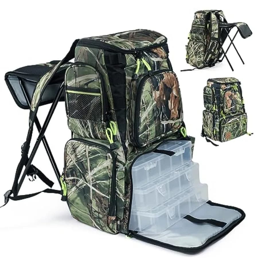Fishing backpack with door rods and tool boxes, folding fishing chair, perfect for outdoor use by men.