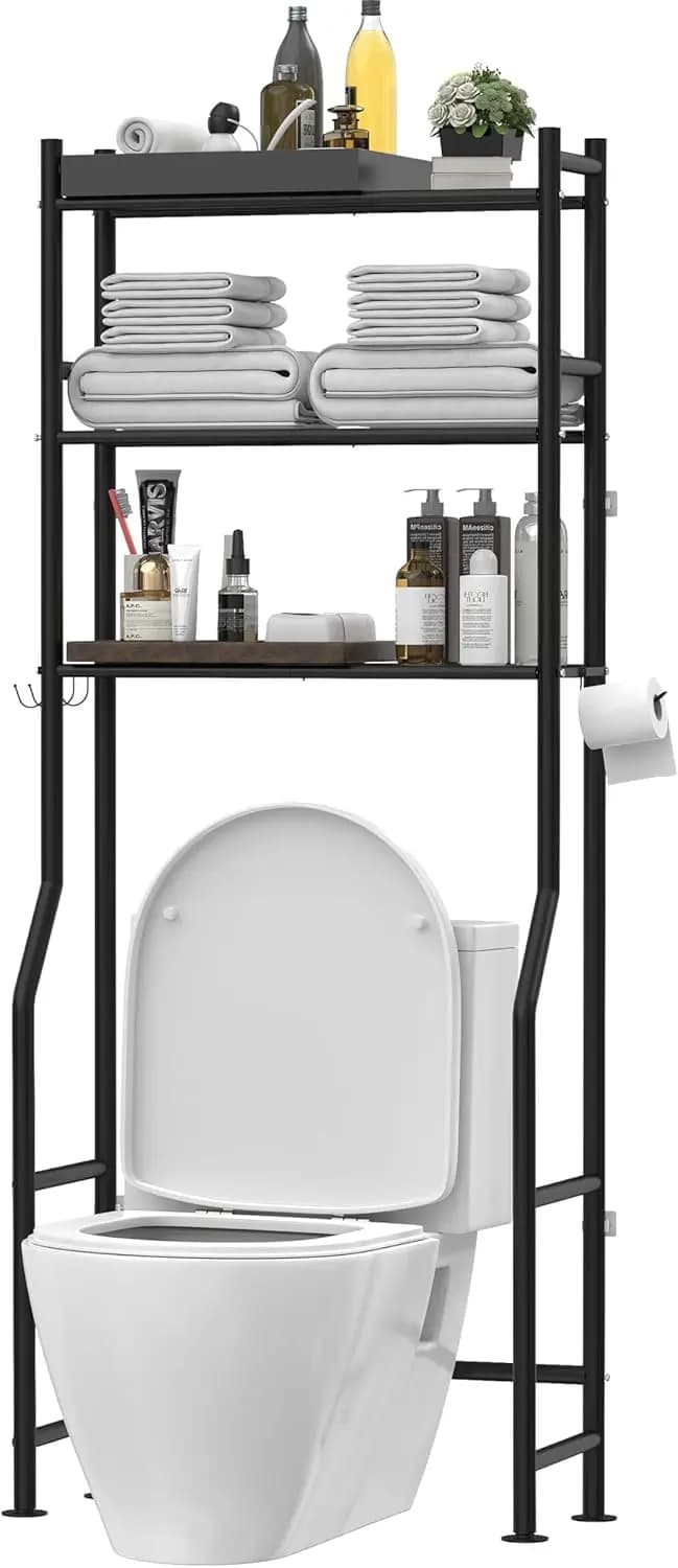 3-level self-supporting metal bathroom shelf with 4 hooks and toilet paper holder, black, to be placed above the toilet