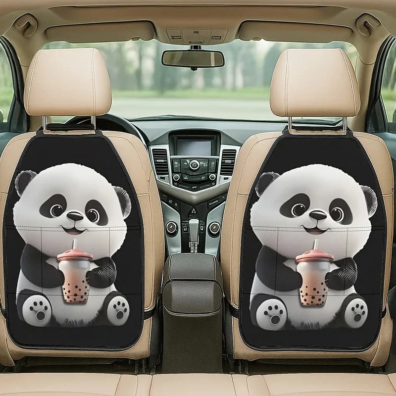 Car Seat Back Covers With Storage Pockets, Cute Panda Holding Bubble Tea For Car Interior Decor