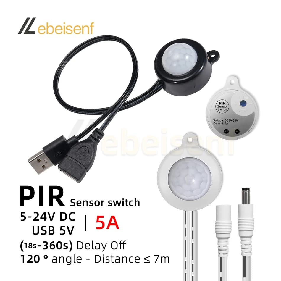 PIR USB 5A DC 5V 12V 24V Motion Sensor Switch Infrared Human Detection Intelligent Detector for LED Strip Light Automatic Switching