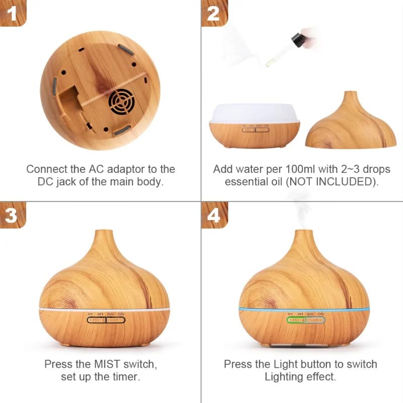 Umidificatore a venature del legno da 500 ml con LED a 7 colori per dormire, alleviare lo stress e rinfrescare l'aria