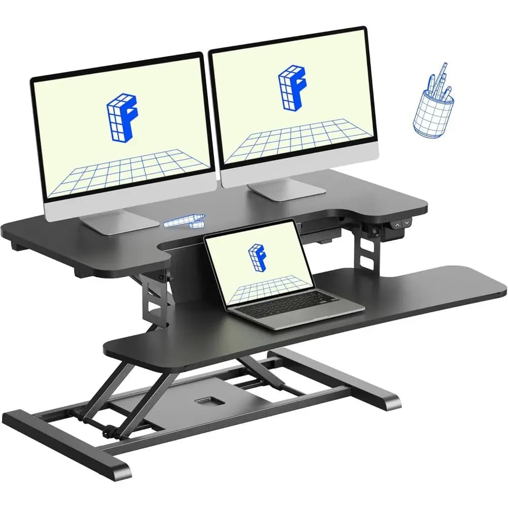 Convertitore per Scrivania Regolabile Elettrica da 32 Pollici, Postazione di Lavoro per Laptop con Doppio Monitor e Ampio Spazio