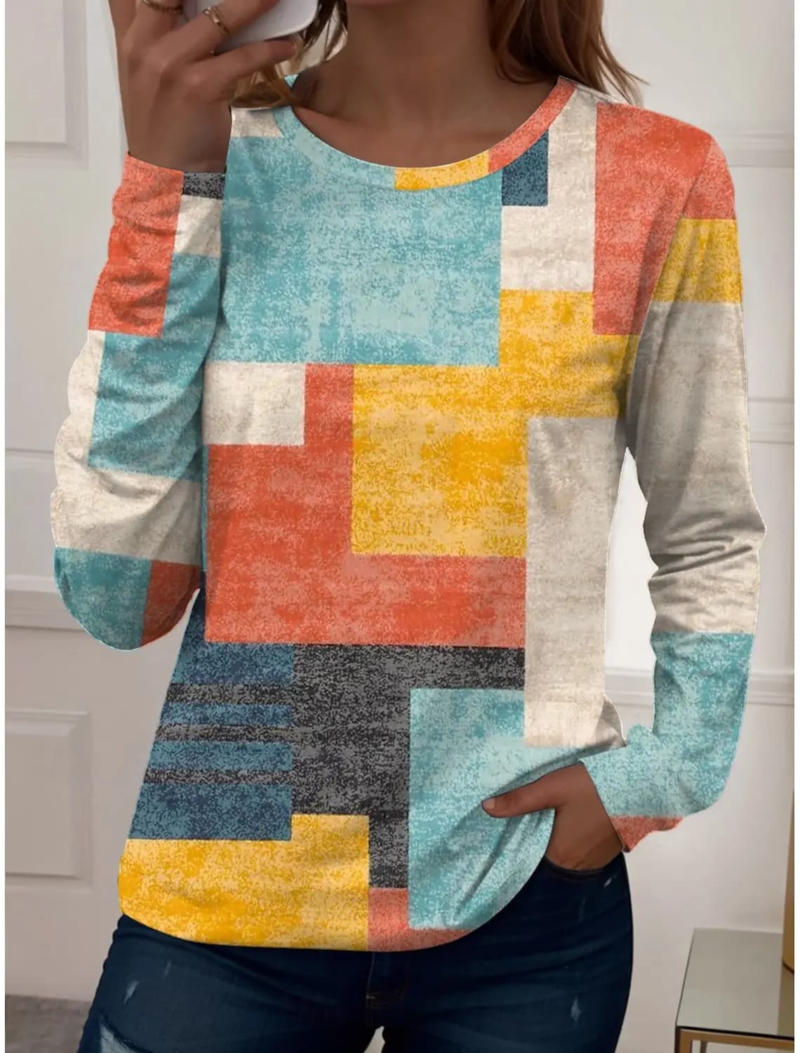 Women's T-Shirts Graphic Geometric Tees Fashion Stylish Long Sleeve T-shirts O-Neck Regular Tops Summer Casual Pullover