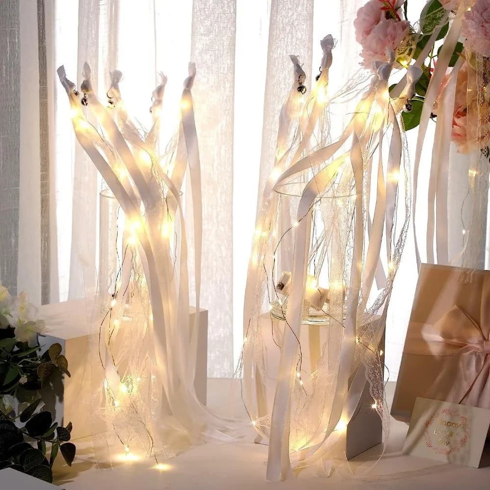 5PCS Lace Streamers Wedding Ribbon Glow Wands with Bell Glow Flash LED Light Up Fairy Sticks Multi-Mode Light