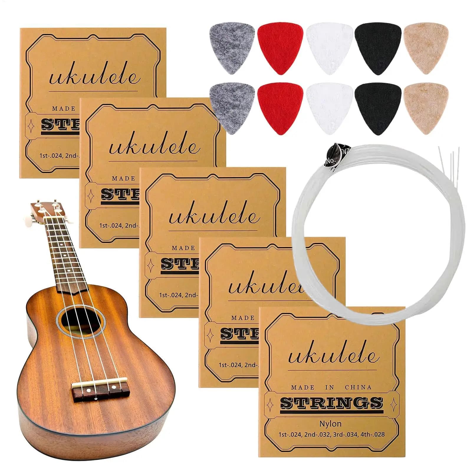 Set di 5 Corde per Ukulele, Kit Premium in Nylon, Corde di Ricambio per Ukulele Soprano, Concerto, Tenore, per Principianti, Amanti della Musica, Festival e Feste