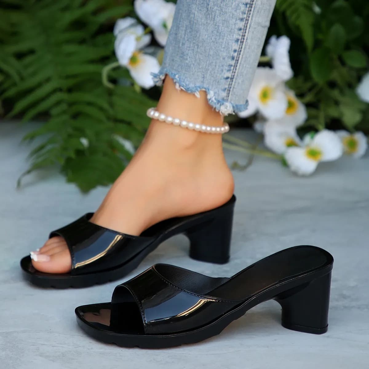 Square Heel Platform Mules Women Outdoor Slippers Peep Toe Slip On Sandals Chunky Heel Shoes Slingback Female