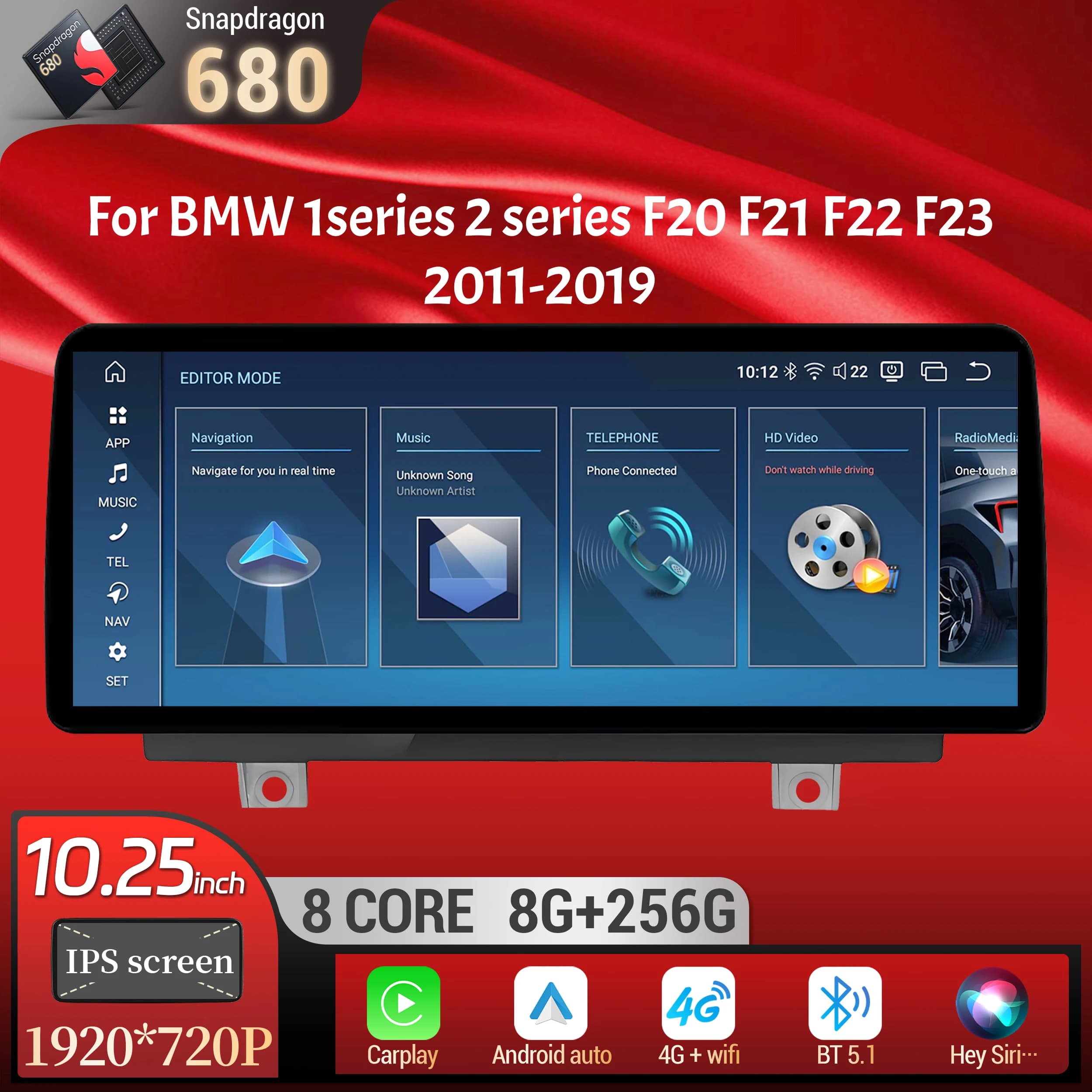 10.25 inch Android 14 For BMW 1 series 2 series F20 F21 F22 F23 2011-2019 LHD RHD Car Radio Carplay Snapdragon 680 Touch Screen