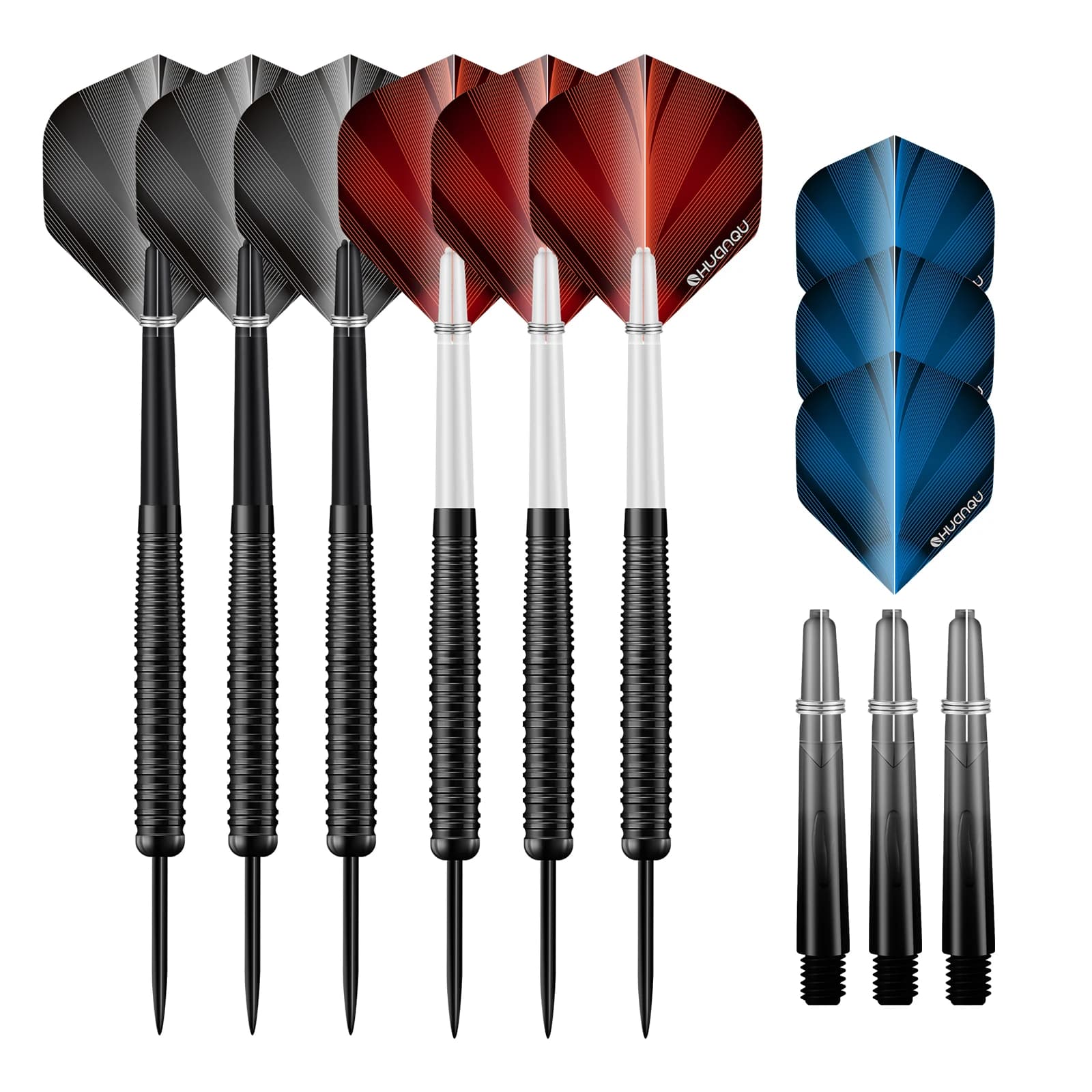 HUANQU 19g Steel Tip Darts Set 6 Pack Professional Metal Darts with Extra Shafts Flights for Steel Tip Dartboard Indoor Games