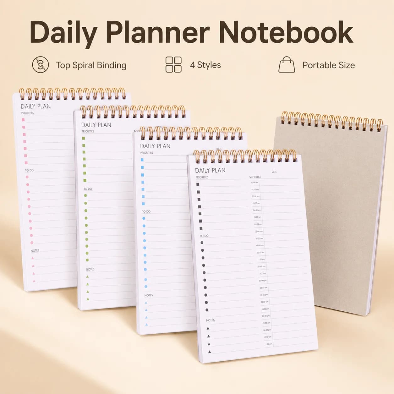 1PC Daily Planner Notebook Top Spiral Bound To Do List Schedule Organizer 4 Page Styles Portable Office School Stationery