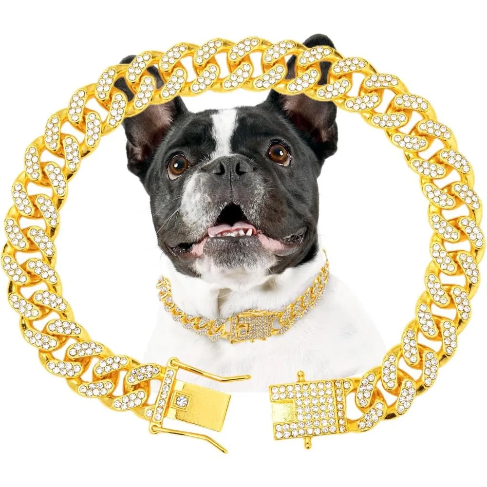 Gold Dog Chain Diamond Dog Collar Walking Metal Secure Buckle Pet Collar Jewelry Accessories Necklace for Small Medium Large Cat