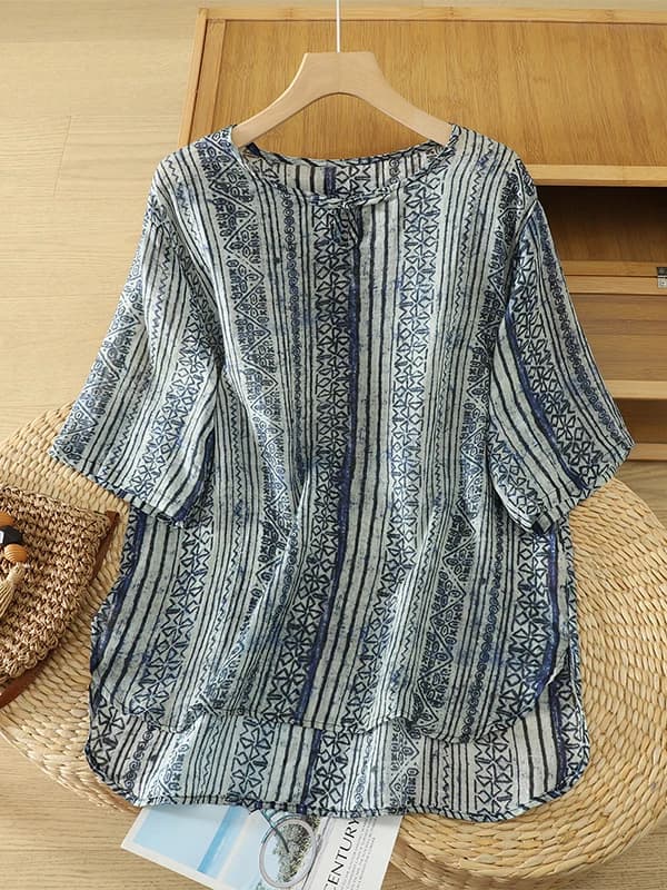 Retro Tie Dye Print Loose Fit round Neck T-Shirt Women's plus Size Summer New Style Casual Cotton Short Sleeve Top