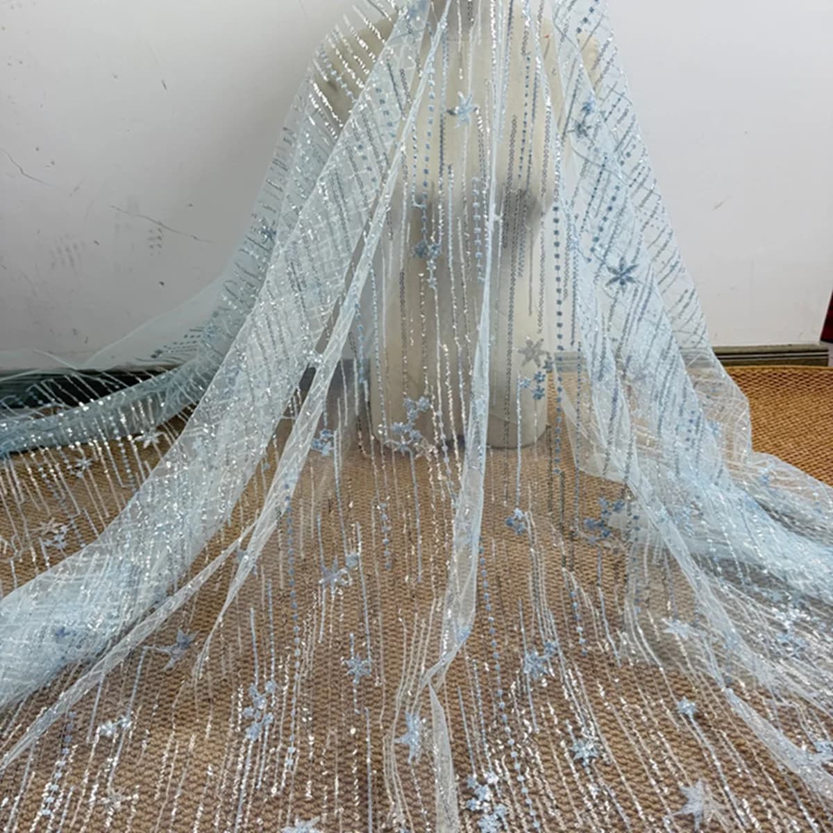 130Cm wide Sky Blue Meteor Shower Lace Mesh Fabric Shiny Transparent Starry Rain Pattern for Wedding Dress Lining Gown Trim F097