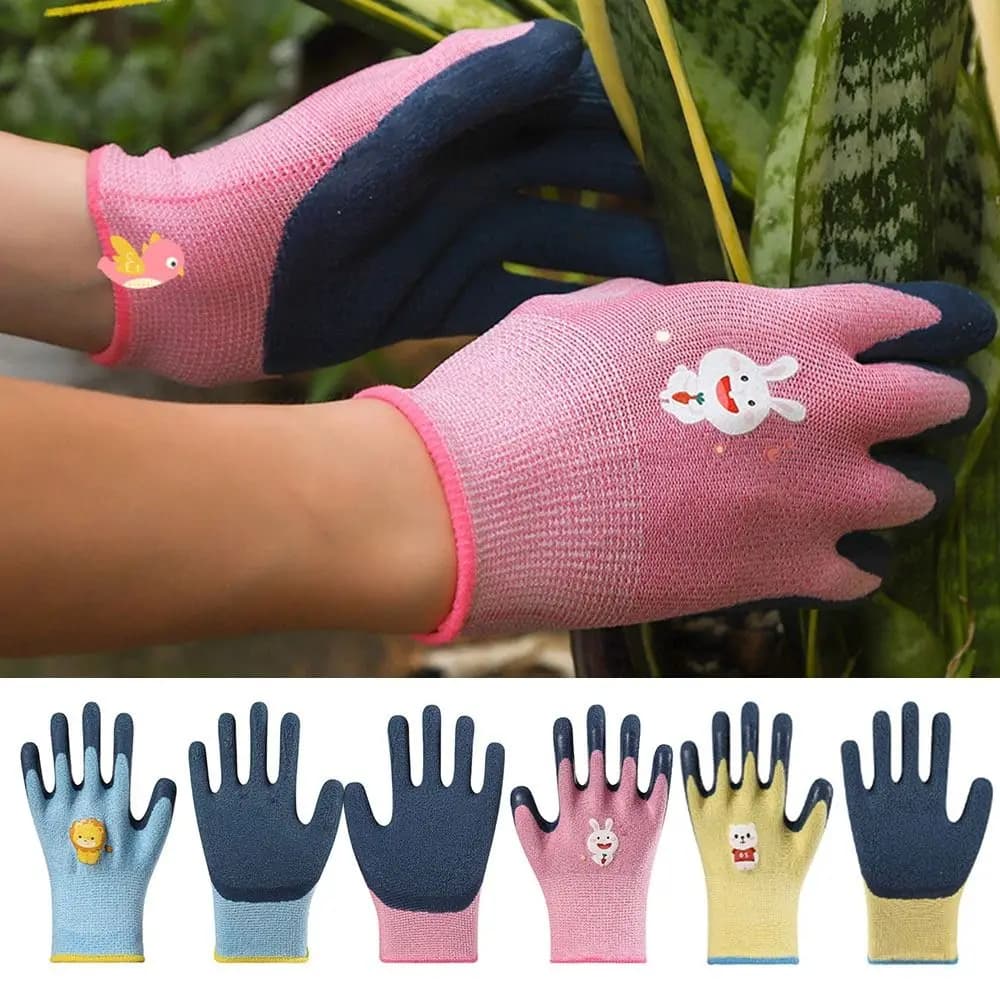 Guanti da lavoro per bambini animali dei cartoni animati guanti da giardinaggio multiuso rosa blu giallo guanti da campeggio rivestiti in lattice resistenti all'usura
