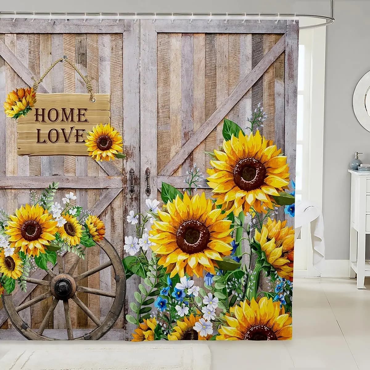 Tenda da doccia rustica girasole Porta del fienile in legno Cartello d'amore per la casa Decorazioni per la fattoria Fiori gialli Accessori per il bagno Impermeabili