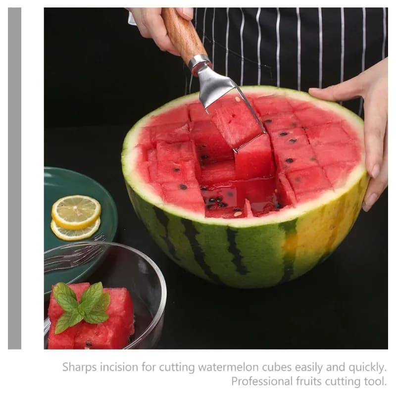 Taglierina per anguria Lama in acciaio inossidabile Manico in legno Affettatrice per frutta multifunzionale Utensile da cucina per il taglio di cubetti di melone domestico