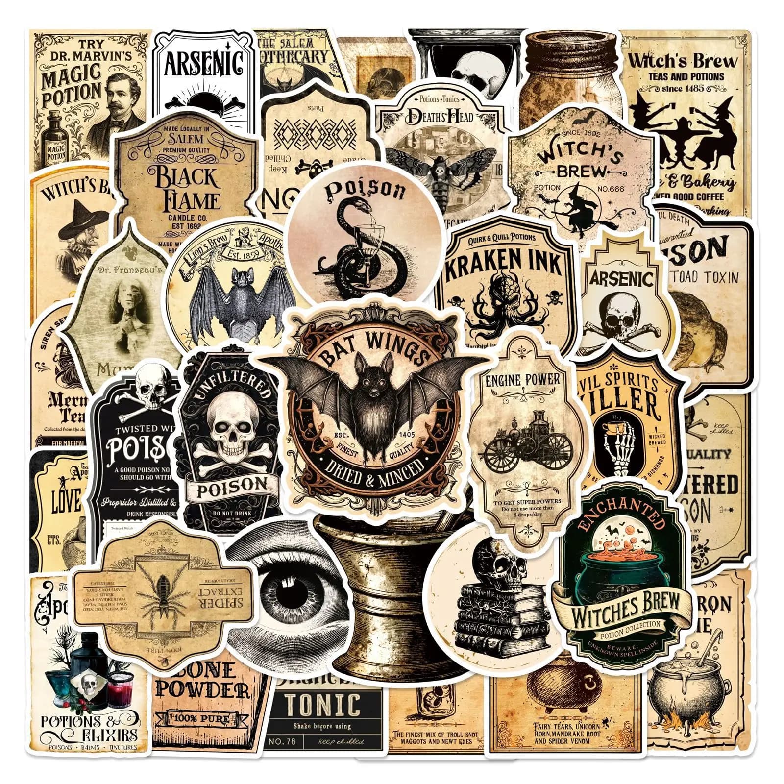 50Pcs Retro Pharmacist Witch Potion Graffiti Stickers Stationery Luggage Scooter Notebook Guitar Fridge Skateboard Stickers