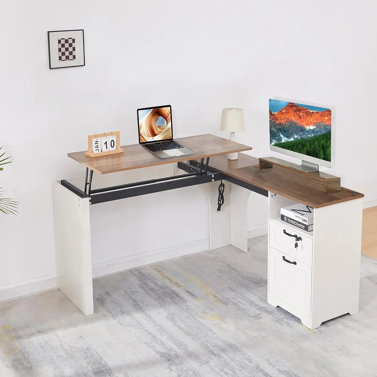 Desk from Office to L from 55 Inches with Liftable Floor, Monitor Support, Lock and Charging Door, Customizable