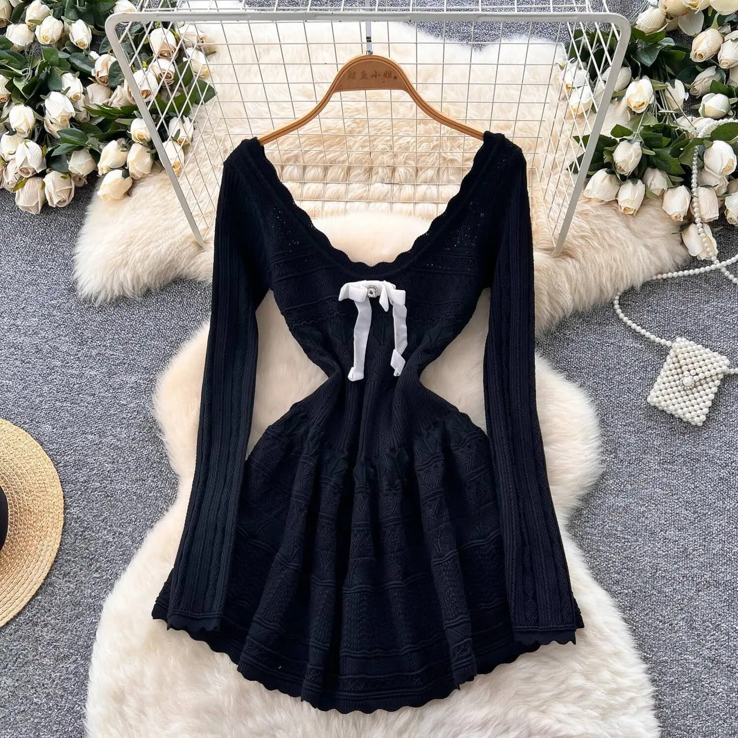 Abito sexy dolce a maniche lunghe in maglia a farfalla a vita alta a pieghe Abiti da donna Mini abito da sera per feste