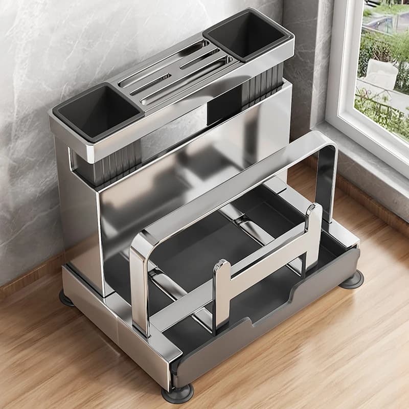 Multi-functional Stainless Steel Kitchen Countertop Knife Storage Rack, Integrated Organizer for Kitchen Knives, Cutting Boards,