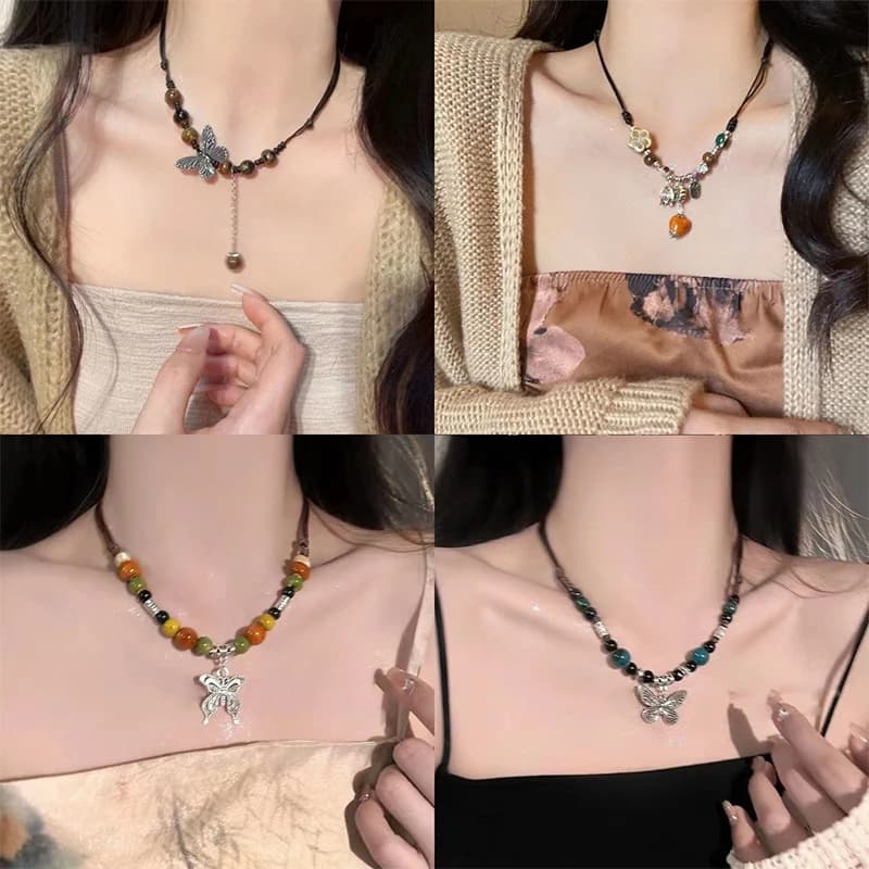 Collane con fiori di camelia a farfalla in stile etnico Catena lunga vintage per maglione per donne Ragazze Regali di gioielli con collana squisita