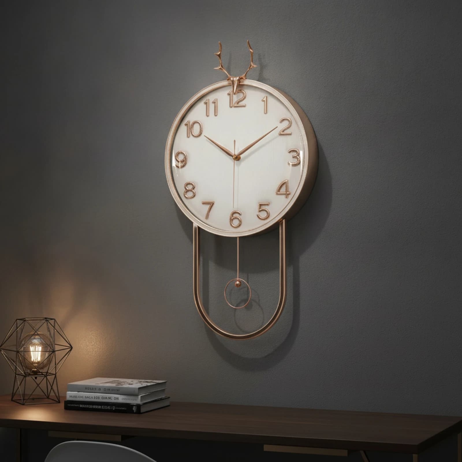 Wall Clock with Pendulum Decorative Wall Clock with Digital Display Rose-Gold Small for Living Room, Entryway