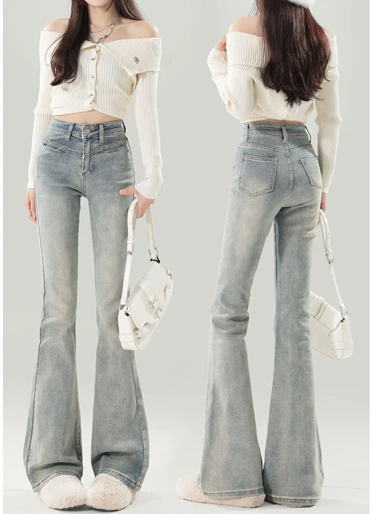 Blue High Waist Bell Bottom Denim Jeans Women's Spring Autumn Slim Fit Shorties Elastic Casual Cotton Blend Jeans