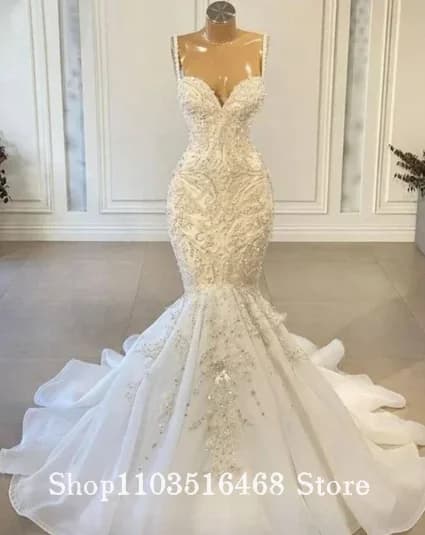 Luxury Mermaid Wedding Dress with Beaded Appliques Vintage Lace up Bridal Gown with Spaghetti Straps Customised