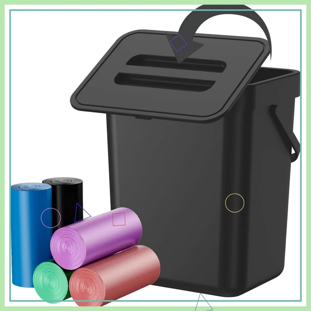 Cestino per compost sospeso con coperchio, include 100 sacchetti della spazzatura, a prova di animali domestici e antiodore per cucina, bagno, ufficio (nero, 3 litri)