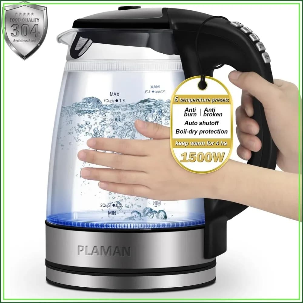 1.7L Electric Kettle, 1500W Fast Boil, 6 Temp Presets, Keep Warm 4H, Double Wall Cool Touch, Borosilicate Glass & BPA-Free